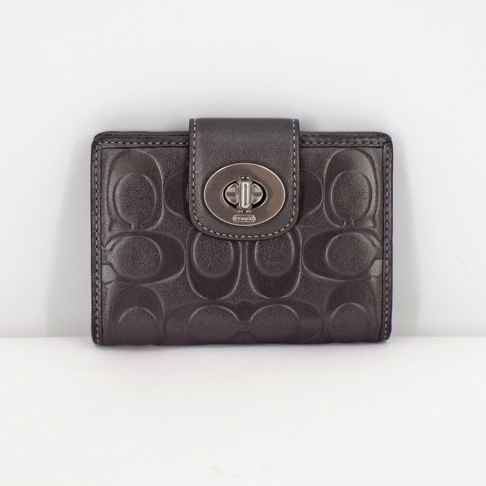 Coach Gunmetal Signature Leather Embossed Turnlock Wallet